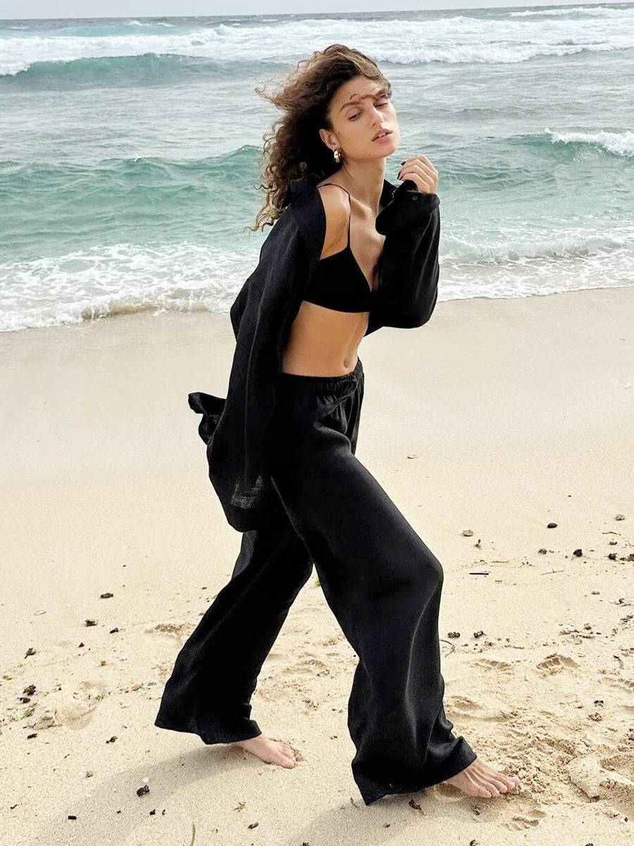 Bornladies-Ensemble de pantalons décontractés en coton pour femmes, chemise à manches longues et revers confortable, tenue d'été, taille élastique